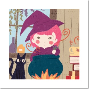Cute Pink Witch Girl Illustration Posters and Art
